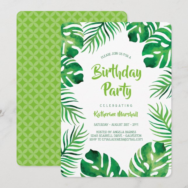 Tropical Monstera Leaves Birthday Party Invitation (Front/Back)
