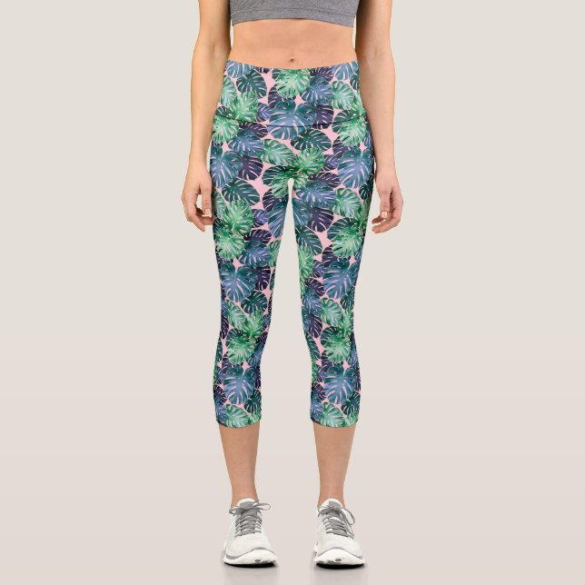 Tropical Monstera Leaves Capri Leggings (Front)