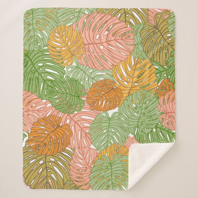 Tropical monstera leaves, colourful seamless patte sherpa blanket (Front)