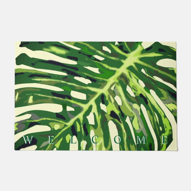 Tropical Monstera Leaves Doormat - Welcome (Front)