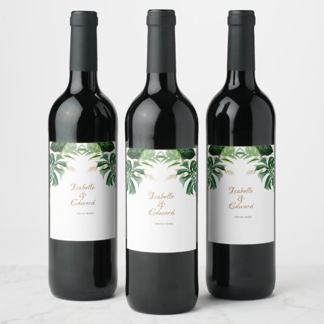 Tropical Monstera Leaves Green & Gold Trim Wine Label (Bottles)