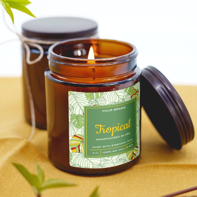 Tropical Monstera Leaves Green Square Candle Label (Creator Uploaded)