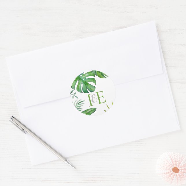 Tropical Monstera Leaves Green Watercolor Mailing Classic Round Sticker (Envelope)