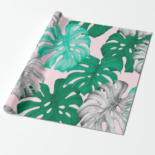 Tropical monstera leaves hand drawn illustration p wrapping paper (Unrolled)
