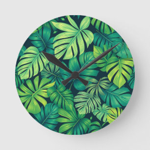 Tropical Monstera Leaves Jungle Pattern Round Clock