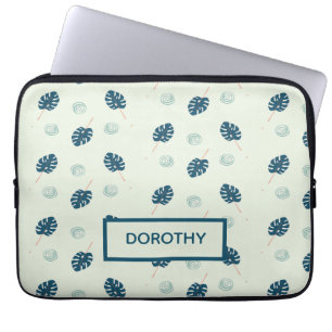 Tropical monstera leaves monogram on blue laptop sleeve