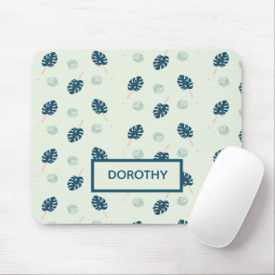 Tropical monstera leaves monogram on blue mouse mat