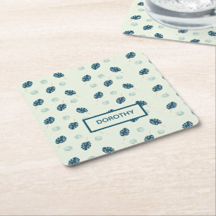 Tropical monstera leaves monogram on blue square paper coaster
