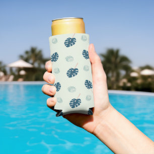 Tropical monstera leaves on blue seltzer can cooler