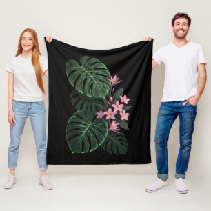 Tropical Monstera Leaves & Pink Hibiscus Fleece Bl Blanket