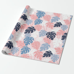 Tropical monstera leaves pink navy and dusty blue wrapping paper