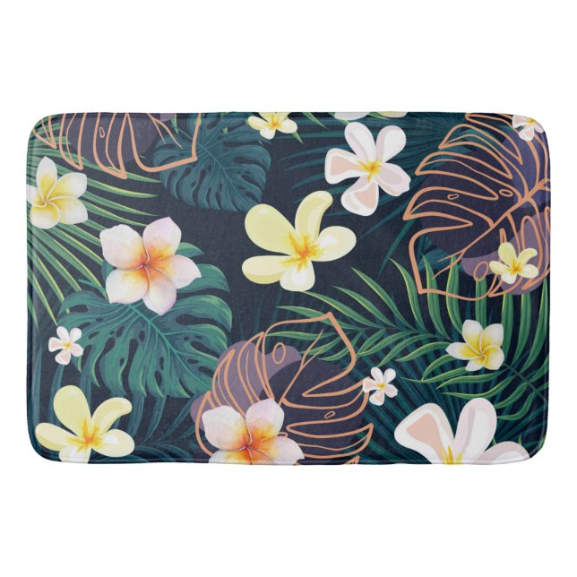 Tropical monstera leaves plumeria flowers bath mat (Front)