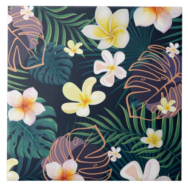 Tropical monstera leaves plumeria flowers tile (Front)