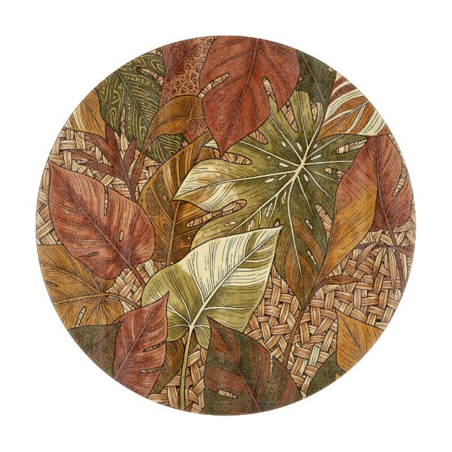  Tropical Monstera Leaves Rust Green Botanical Cutting Board (Front)
