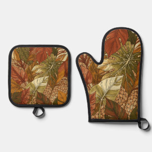 Tropical Monstera Leaves Rust Green Botanical Oven Mitt & Pot Holder Set