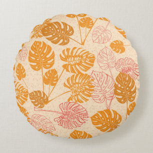 Tropical monstera leaves. silhouette drawing Seaml Round Cushion