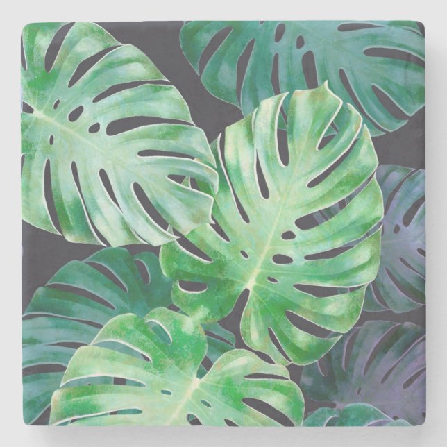 Tropical Monstera Leaves Stone Coaster (Front)