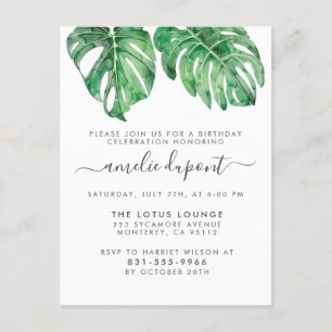 Tropical Monstera Leaves Stylish Script Birthday Invitation Postcard