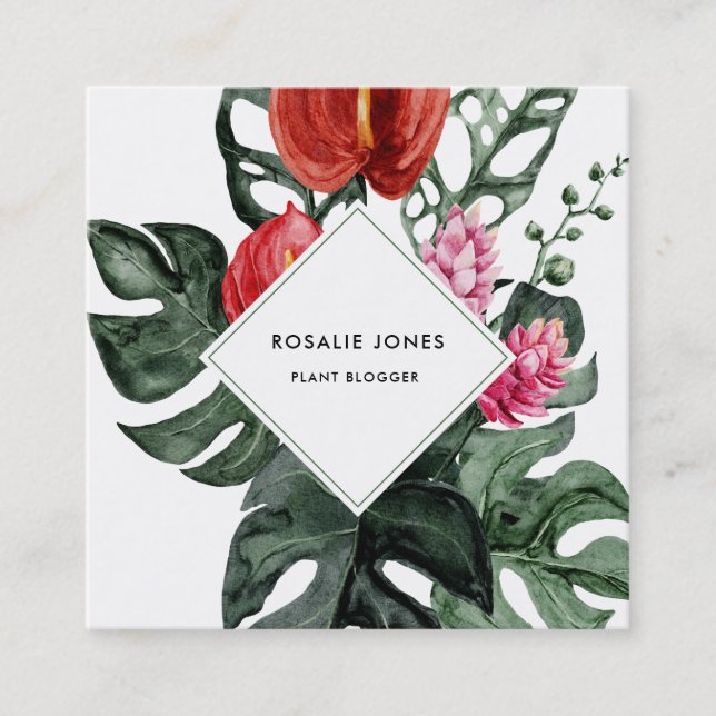 Tropical Monstera Leaves Watercolor Flowers  Squar Square Business Card (Front)