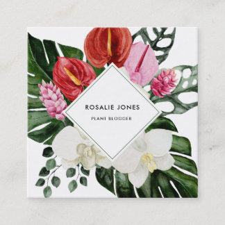 Tropical Monstera Leaves Watercolor Flowers Square Business Card