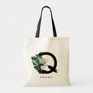 Tropical Monstera Letter Q Monogram Bridesmaid Tote Bag