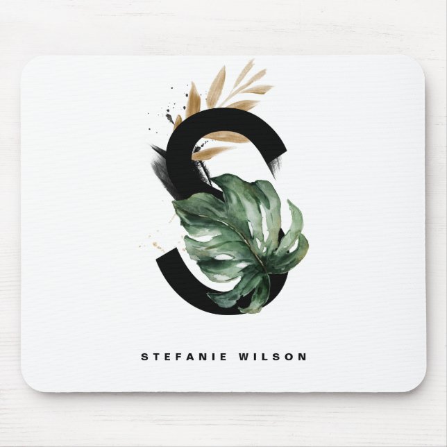 Tropical Monstera Letter S Monogram Personalised Mouse Mat (Front)