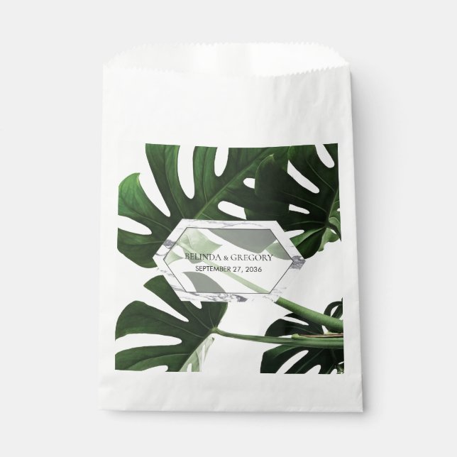 Tropical Monstera Marble Wedding Favour Bags (Front)
