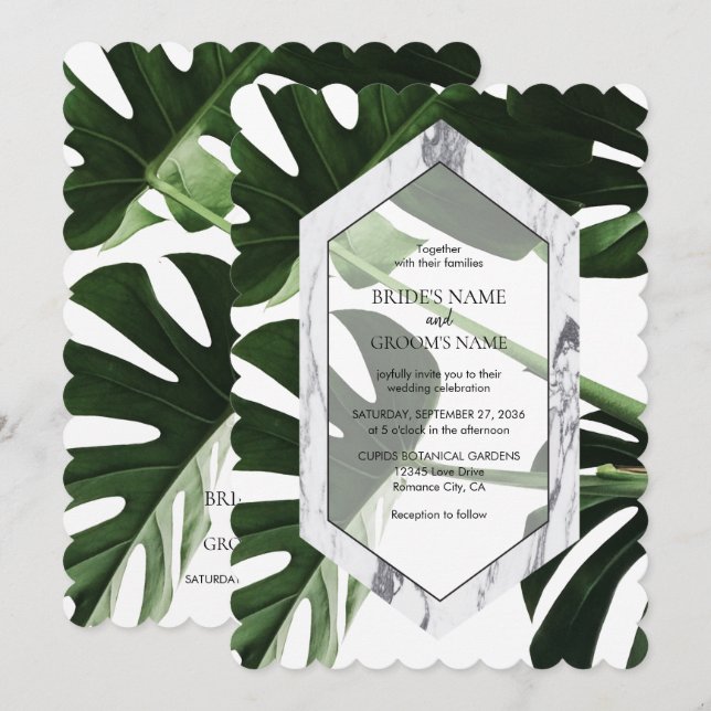 Tropical Monstera Marble Wedding Invitations (Front/Back)