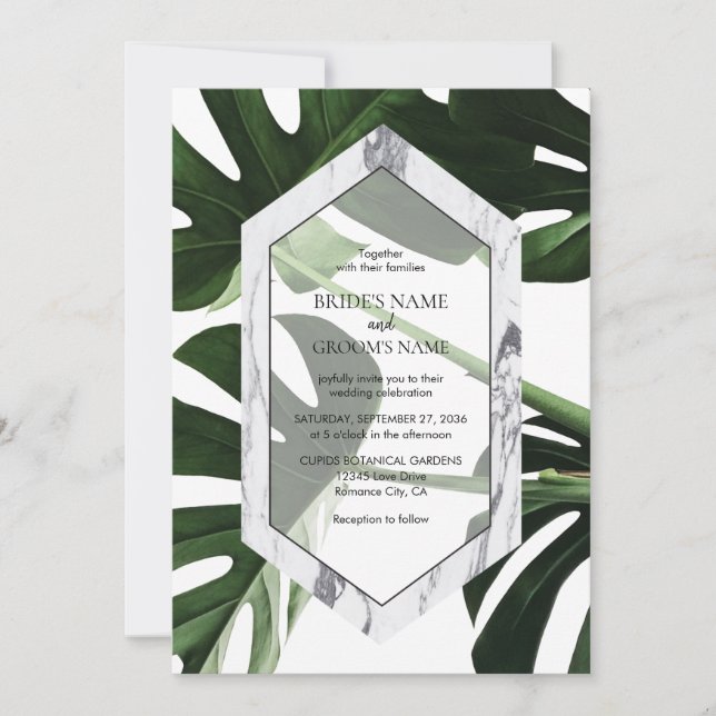 Tropical Monstera Marble Wedding Invitations (Front)