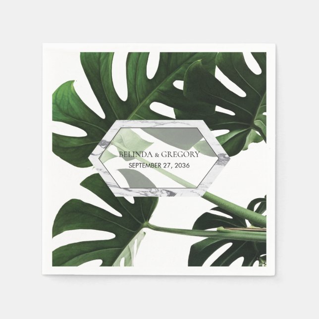 Tropical Monstera Marble Wedding  Napkin (Front)
