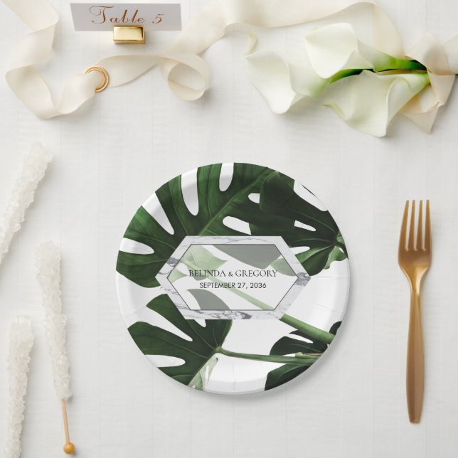 Tropical Monstera Marble Wedding  Paper Plate (Wedding)