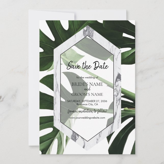 Tropical Monstera Marble Wedding Save The Date (Front)
