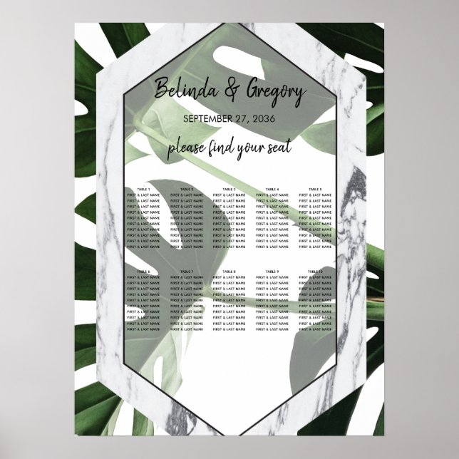 Tropical Monstera Marble Wedding Seating Chart (Front)