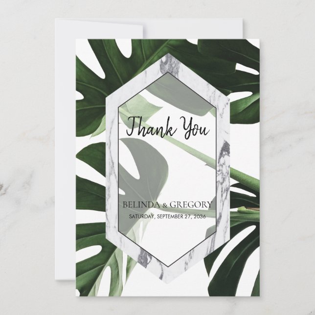 Tropical Monstera Marble Wedding Thank You Card (Front)