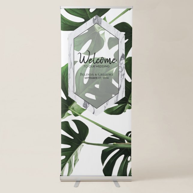 Tropical Monstera Marble Wedding Welcome Sign (Front)