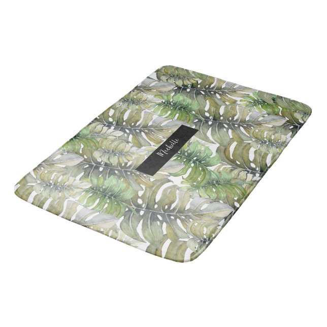 Tropical Monstera Palm Green Bath Mat (Angled)