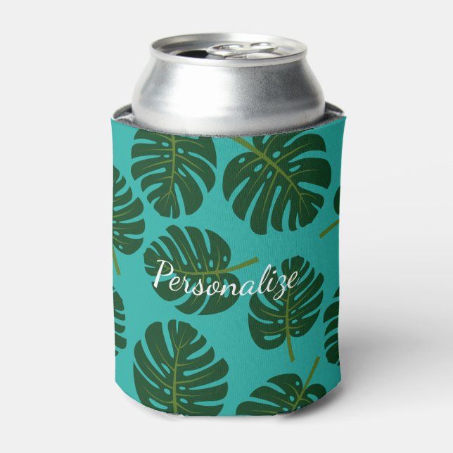 Tropical Monstera palm leaves can or bottle cooler (Can Front)