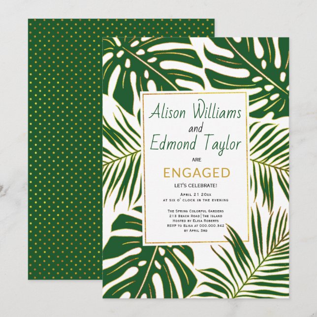 Tropical monstera palm leaves engagement party invitation (Front/Back)