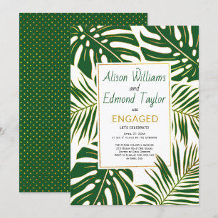 Tropical monstera palm leaves engagement party invitation