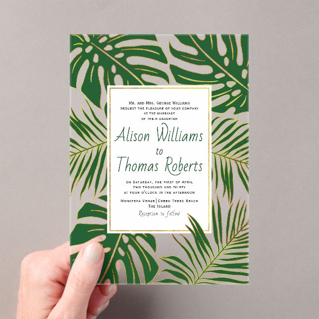 Tropical monstera, palm leaves green gold wedding acrylic invitations (Insitu (Handheld))