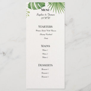 Tropical Monstera Palm Leaves Marble Wedding Menu