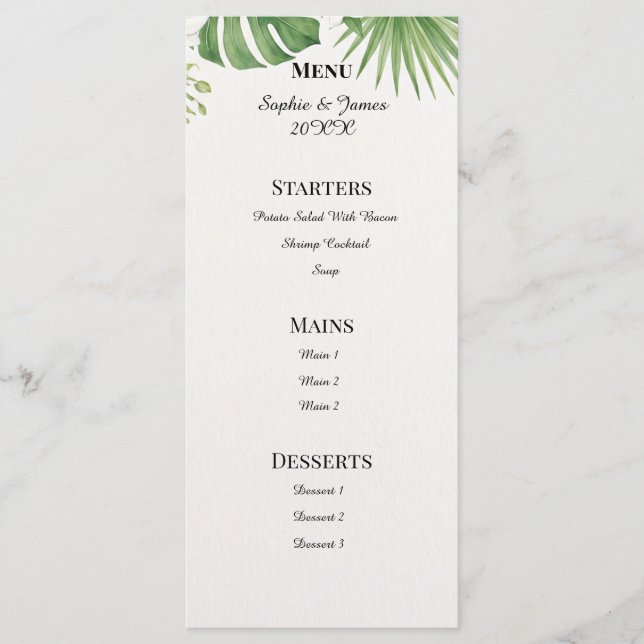 Tropical Monstera Palm Leaves Marble Wedding Menu (Front)