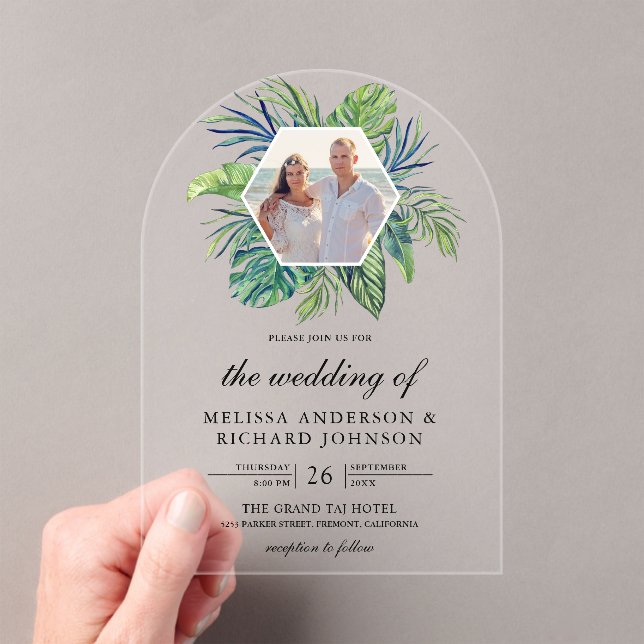 Tropical Monstera Palm Leaves Photo Wedding Acrylic Invitations (Insitu (Handheld))