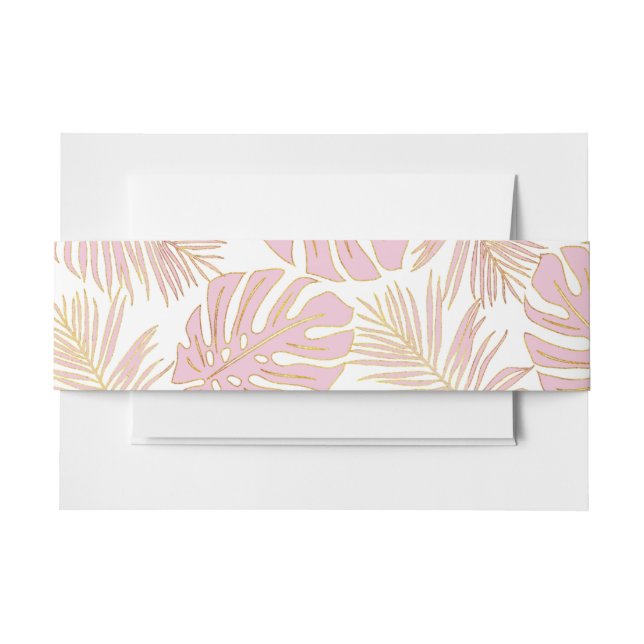 Tropical monstera, palm leaves pink gold wedding invitation belly band (Front Example)