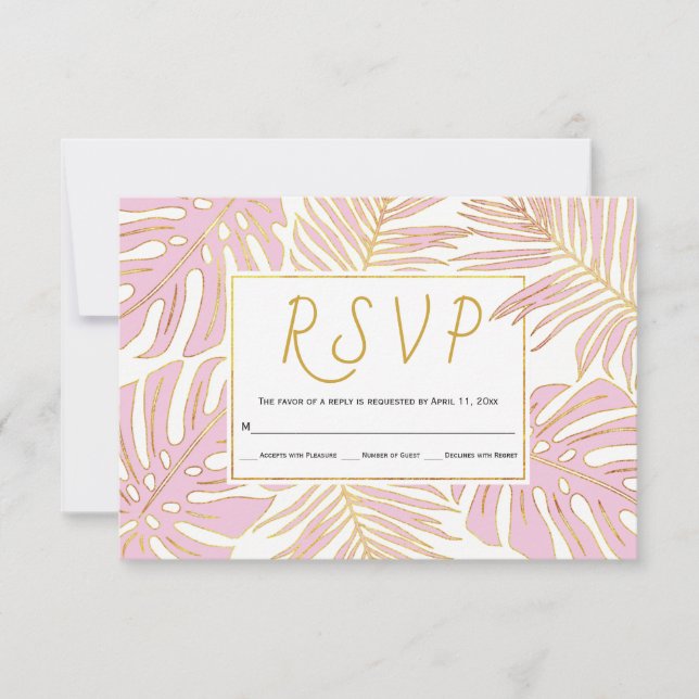 Tropical monstera, palm leaves pink wedding RSVP Card (Front)