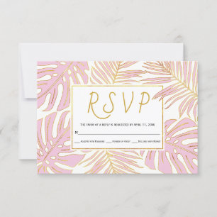 Tropical monstera, palm leaves pink wedding RSVP Card
