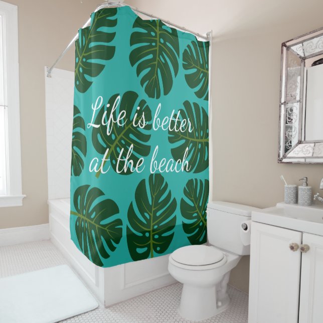Tropical Monstera palm leaves print shower curtain (In Situ)