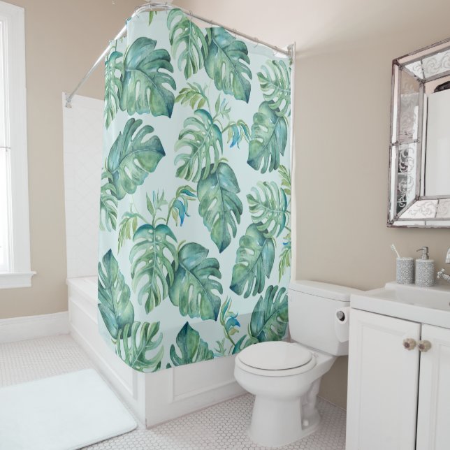 Tropical Monstera Palm Leaves Shower Curtain (In Situ)