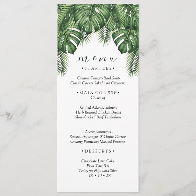 Tropical Monstera Palm Leaves Wedding Menu Card (Front)