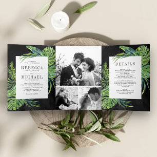Tropical Monstera Palm Photo Collage Black Wedding Tri-Fold Invitation